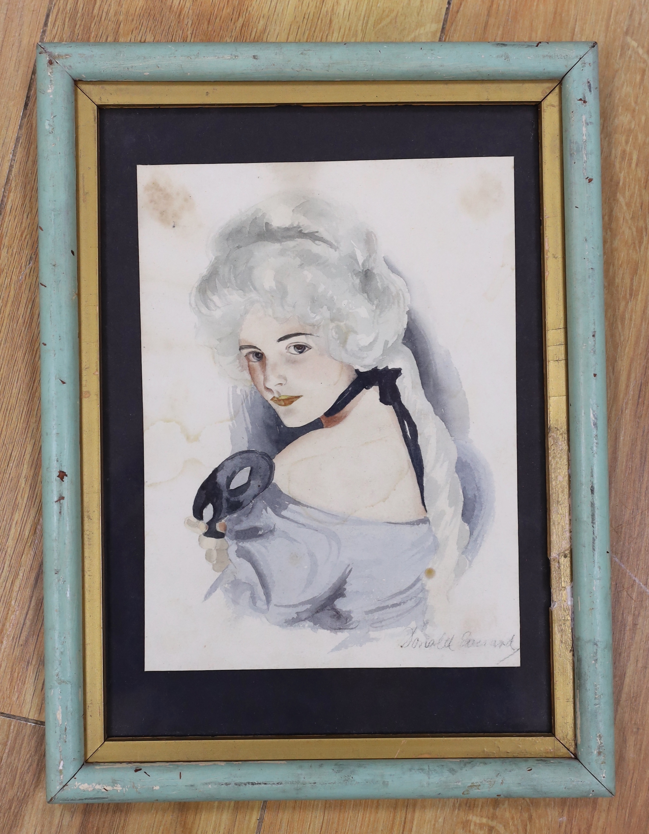 Watercolour, Portrait of Marie Antoinette with masquerade mask, indistinctly signed possibly Donald Everard?, 20 x 15cm